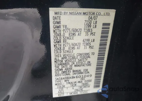 2008 Nissan Armada Le z USA, uszkodzony, nr VIN 5N1BA08DX8N601049